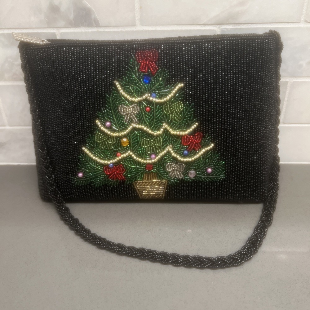 NEW-Vintage Black Beaded Poinsettia Purse Christmas Shoulder Bag Holiday Floral